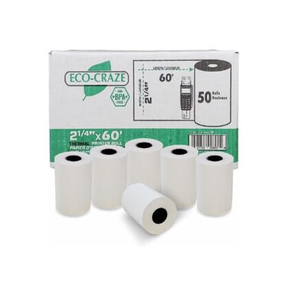 Eco-Craze 2 1⁄4” x 60’ (50 Rolls) Receipt Paper Rolls, Thermal Receipt Paper Rolls for Thermal Printers, POS Thermal Paper Rolls for Credit Card & Debit Card Machines